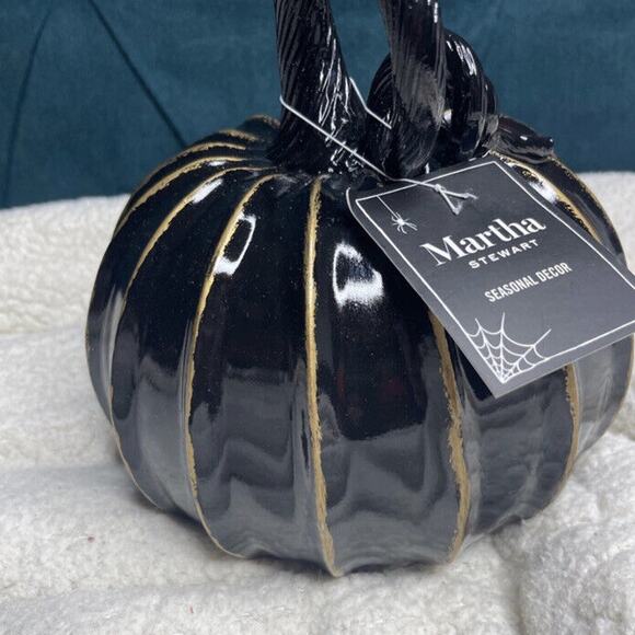 ⁀➷ MARTHA STEWART SMALL CERAMIC JACK O LANTERN PUMPKIN BLACK NWT - Picture 2 of 4